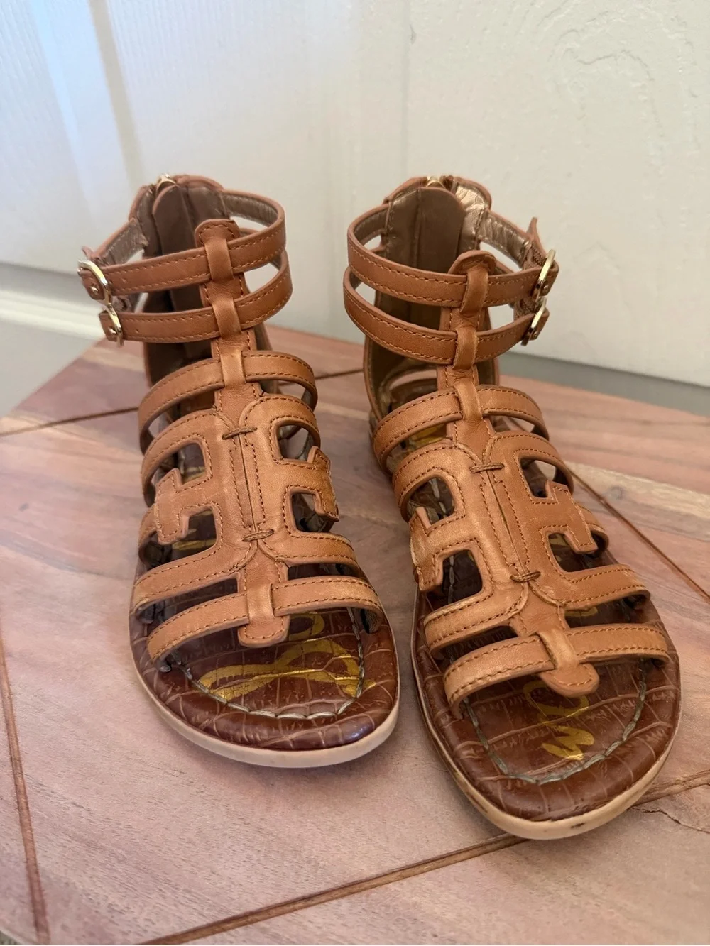 Sam Edelman Girls Tan Multi-Strap Genuine Leather Sandals